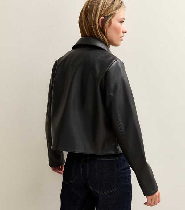 New Look Black Faux Leather Button Through Patch Pocket Jacket