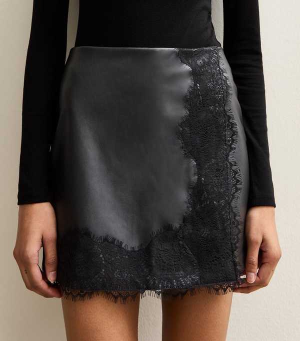 New Look Black Faux Leather Lace Trim Wrap Mini Skort