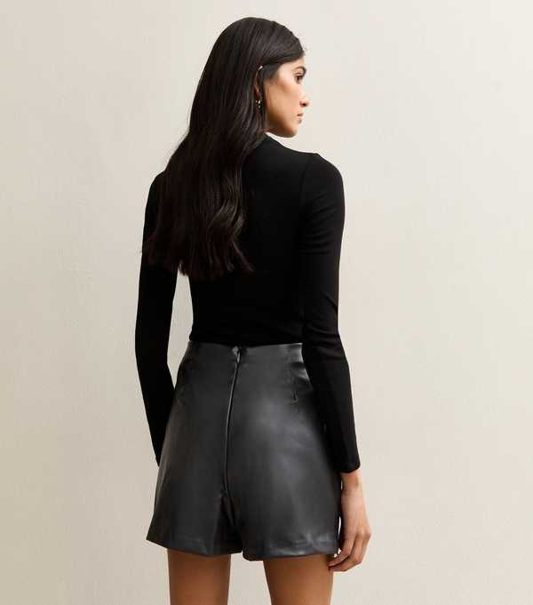 New Look Black Faux Leather Lace Trim Wrap Mini Skort