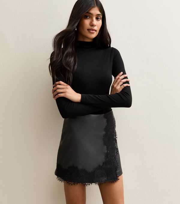 new look Black Faux Leather Lace Trim Wrap Mini Skort