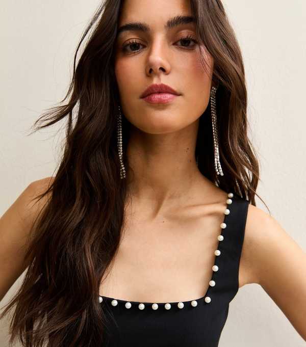 New Look Black Faux-Pearl Trim Square Neck Jumpsuit