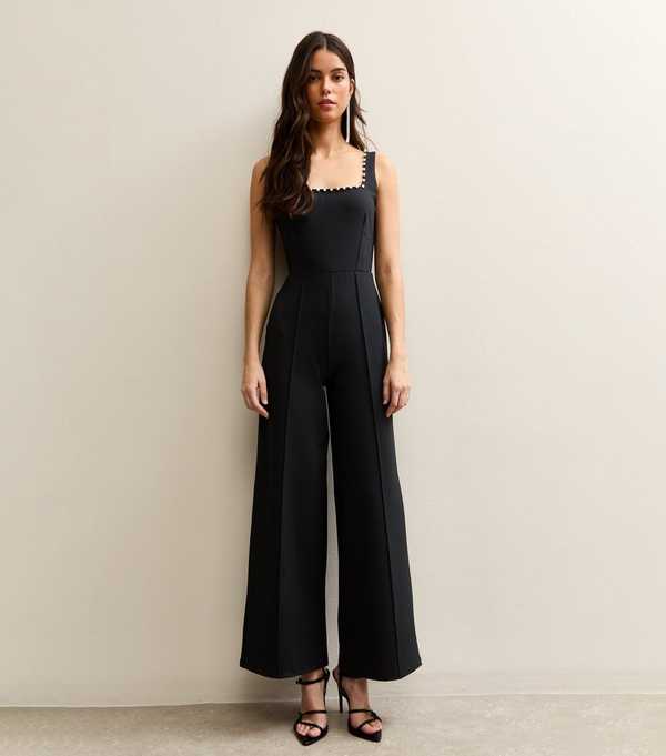New Look Black Faux-Pearl Trim Square Neck Jumpsuit