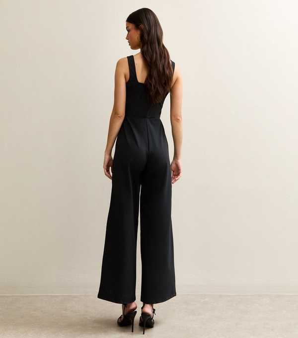 New Look Black Faux-Pearl Trim Square Neck Jumpsuit