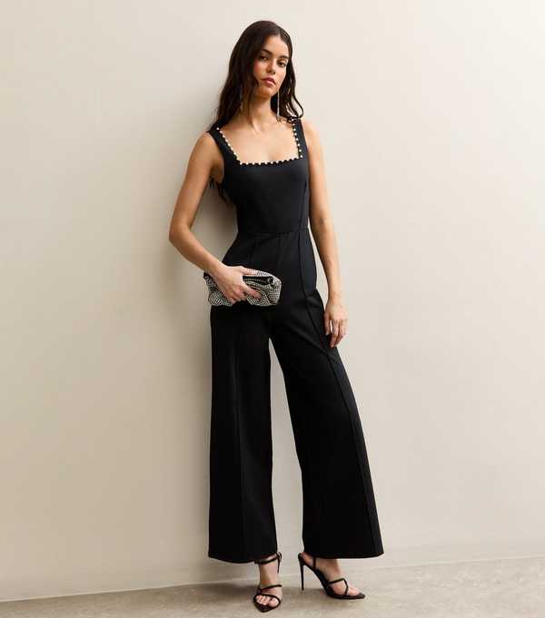 new look Black Faux-Pearl Trim Square Neck Jumpsuit