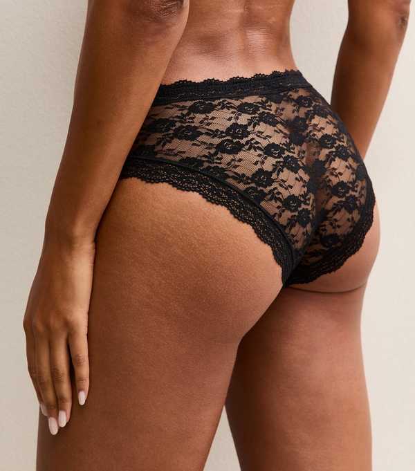 New Look Black Floral Mesh Lace Trimmed Brief Shorts