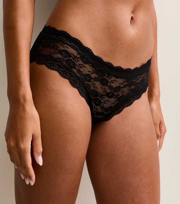 new look Black Floral Mesh Lace Trimmed Brief Shorts