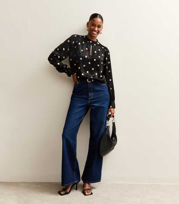 New Look Black Foiled Polka Dot Keyhole Neck Blouse