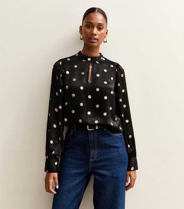 New Look Black Foiled Polka Dot Keyhole Neck Blouse