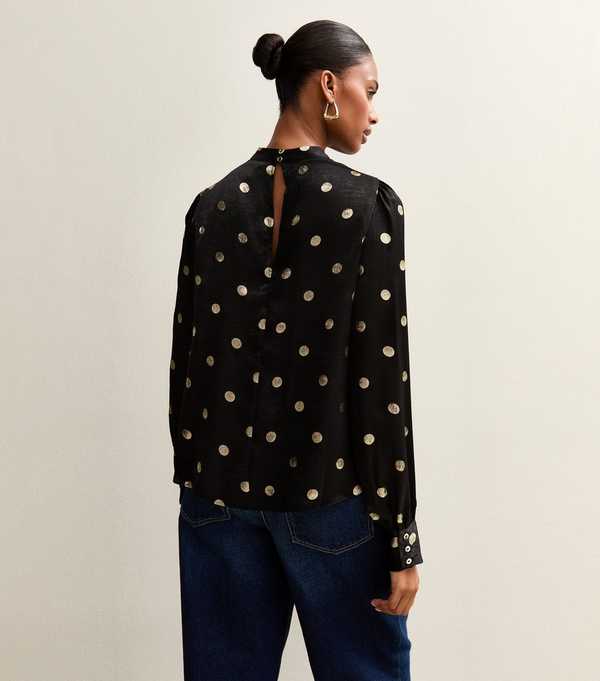 New Look Black Foiled Polka Dot Keyhole Neck Blouse