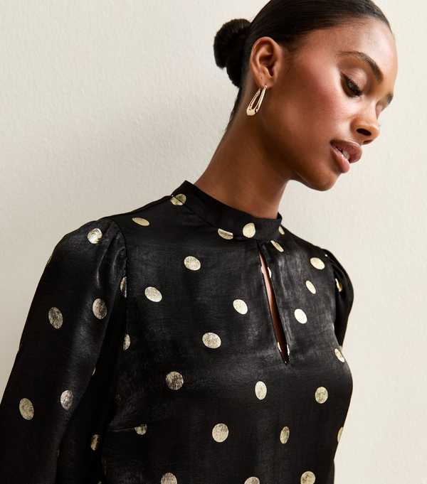 new look Black Foiled Polka Dot Keyhole Neck Blouse