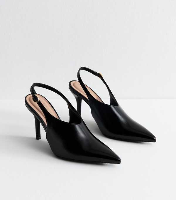 New Look Black High Vamp Faux Leather Slingback Heels