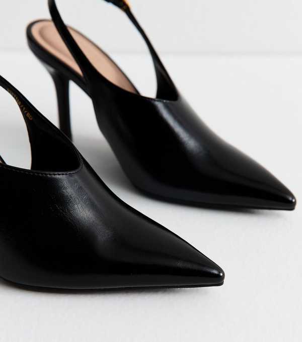 New Look Black High Vamp Faux Leather Slingback Heels