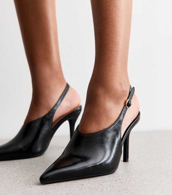 new look Black High Vamp Faux Leather Slingback Heels