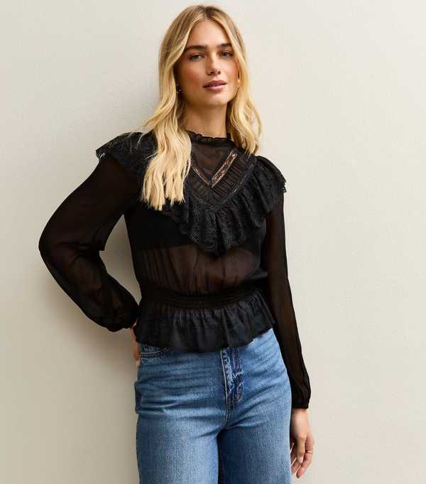 New Look Black Lani Lace Insert Chiffon High Neck Blouse