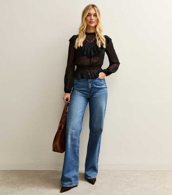 New Look Black Lani Lace Insert Chiffon High Neck Blouse