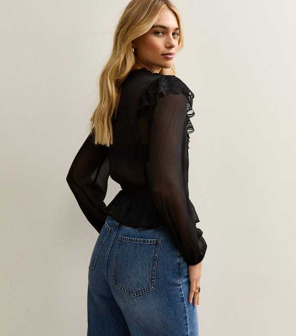 New Look Black Lani Lace Insert Chiffon High Neck Blouse