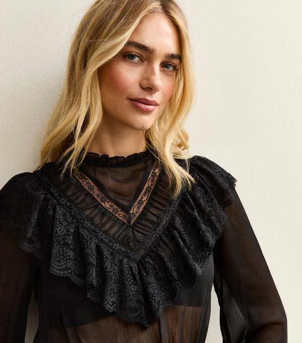 new look Black Lani Lace Insert Chiffon High Neck Blouse