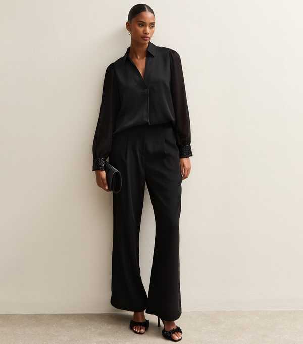 New Look Black Open Neck Sequin Cuff Long Sleeve Satin Shirt