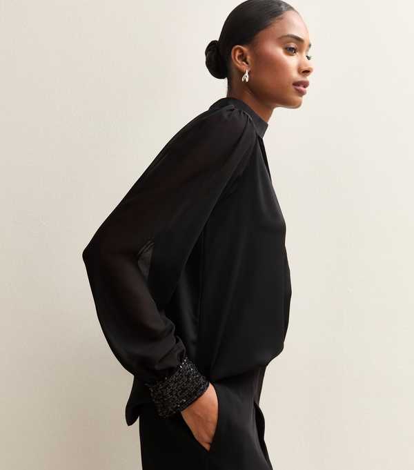 New Look Black Open Neck Sequin Cuff Long Sleeve Satin Shirt