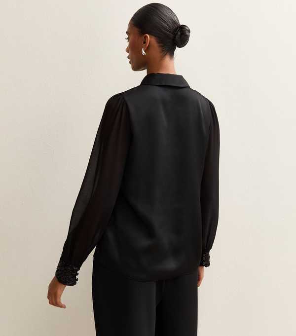 New Look Black Open Neck Sequin Cuff Long Sleeve Satin Shirt