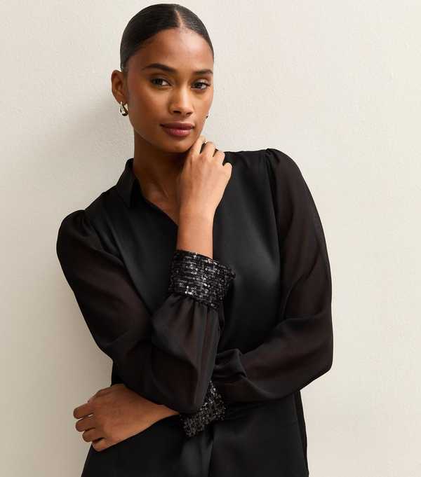 new look Black Open Neck Sequin Cuff Long Sleeve Satin Shirt