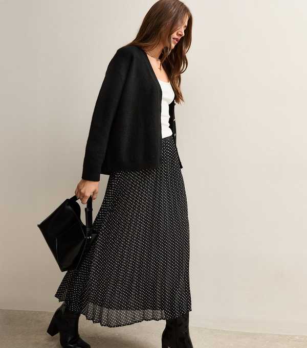New Look Black Polka Dot Chiffon Pleated Midi Skirt