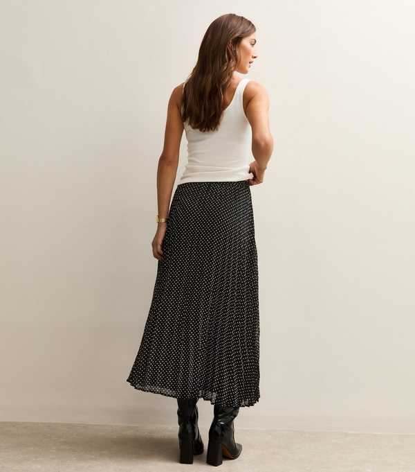 New Look Black Polka Dot Chiffon Pleated Midi Skirt