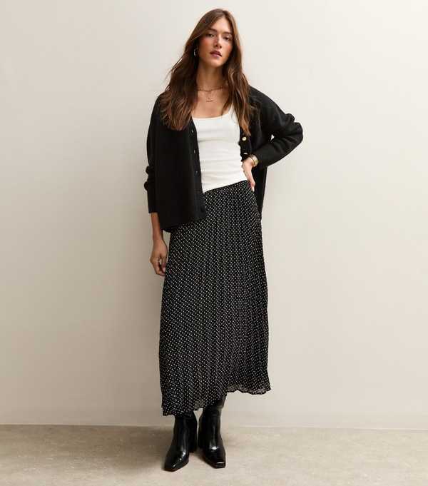 new look Black Polka Dot Chiffon Pleated Midi Skirt