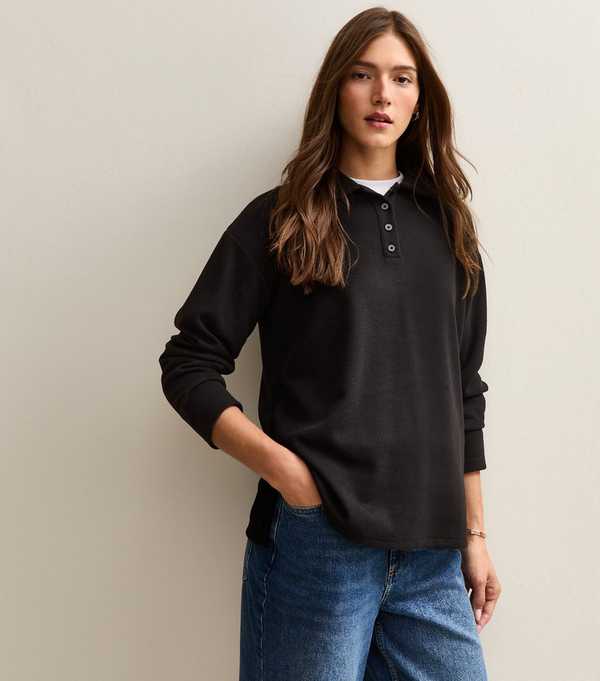 New Look Black Soft Touch Longline Button Up Polo Top
