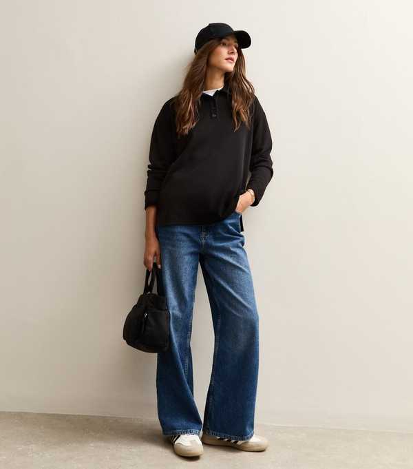 New Look Black Soft Touch Longline Button Up Polo Top