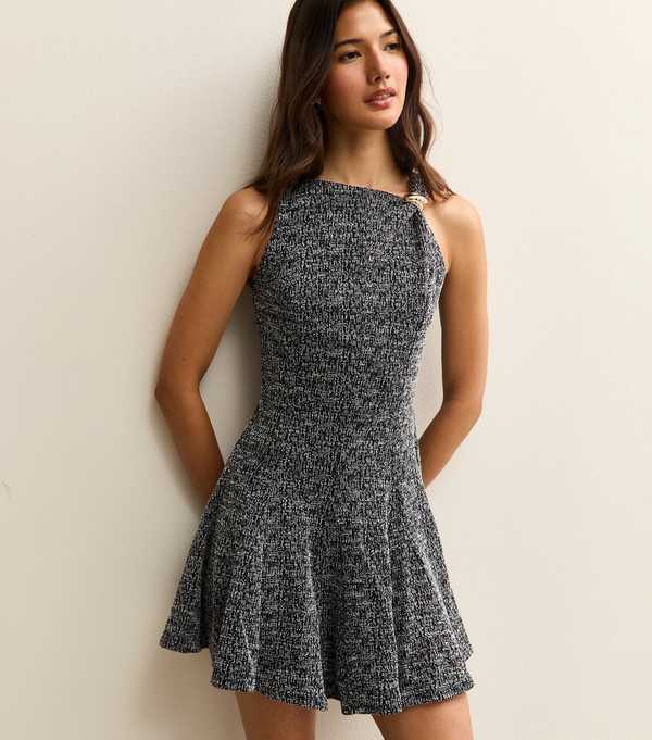 new look Black Textured Sleeveless Skater Mini Dress
