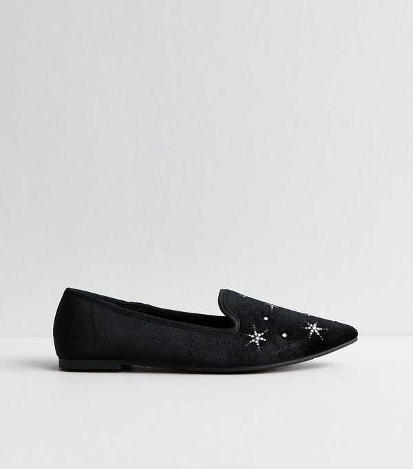 New Look Black Velvet Diamante Embellished Slipper Loafers