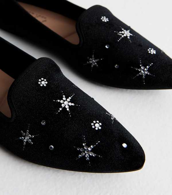 New Look Black Velvet Diamante Embellished Slipper Loafers