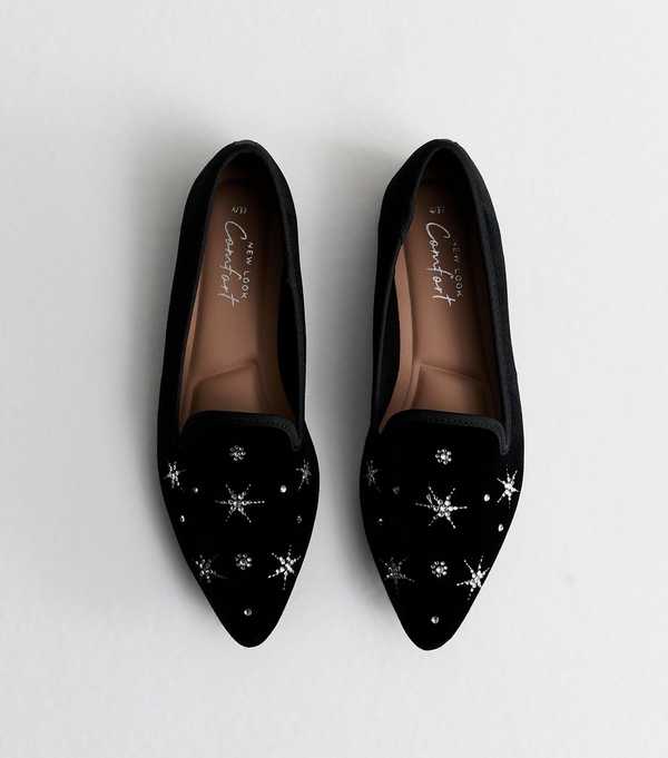 new look Black Velvet Diamante Embellished Slipper Loafers