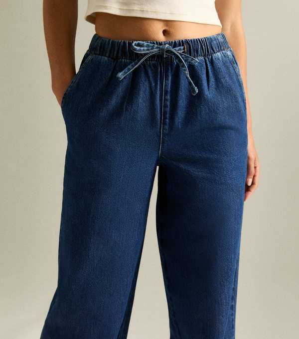 New Look Blue Denim Wide Leg Drawstring Waist Jeans