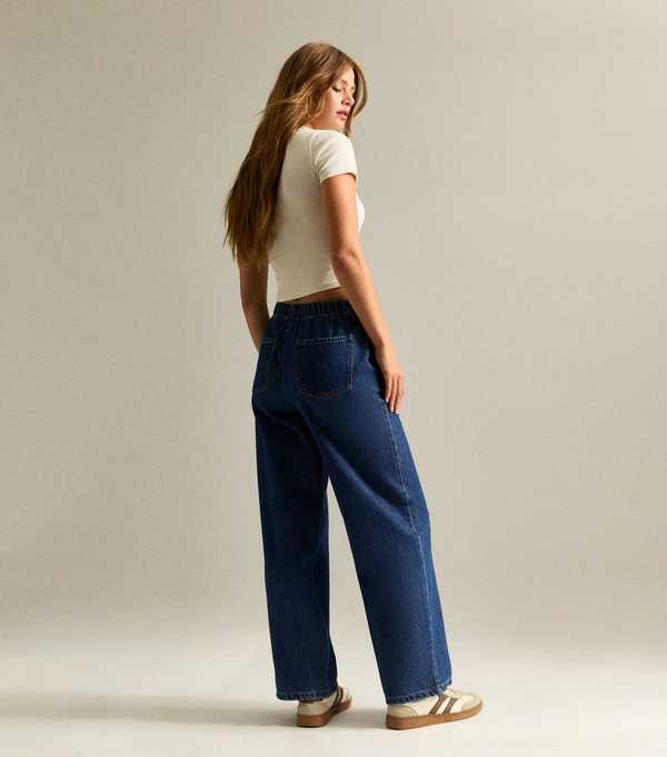 New Look Blue Denim Wide Leg Drawstring Waist Jeans
