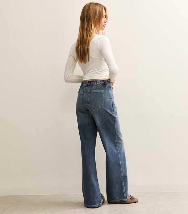 New Look Blue Mid-Rise Elasticated Waist Wide Leg Jeans