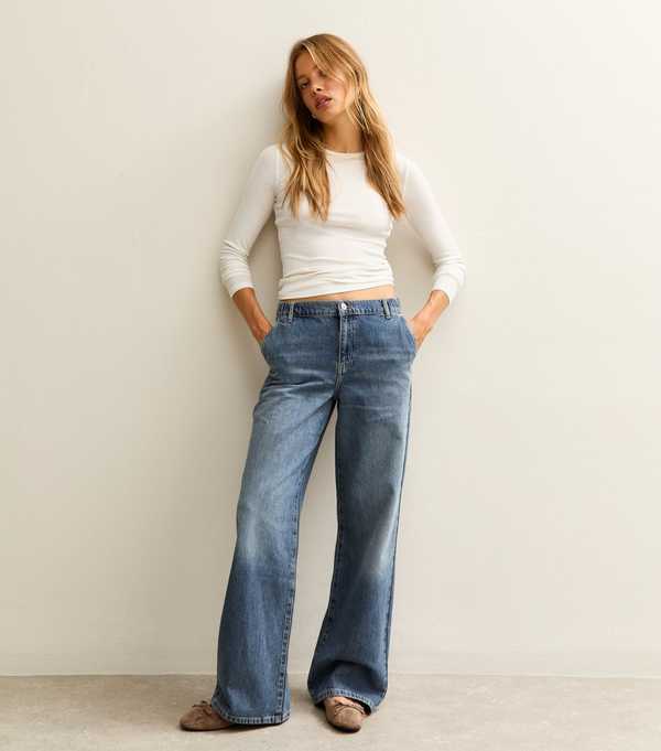new look Blue Mid-Rise Elasticated Waist Wide Leg Jeans