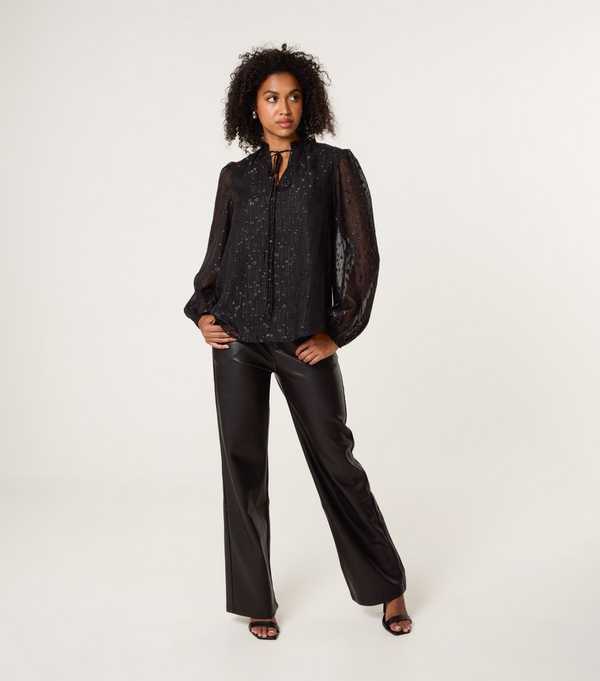 New Look Blue Vanilla Black Sheer Patterned Tie Neck Blouse