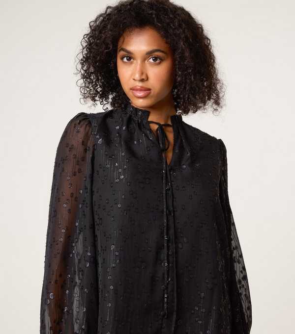 New Look Blue Vanilla Black Sheer Patterned Tie Neck Blouse