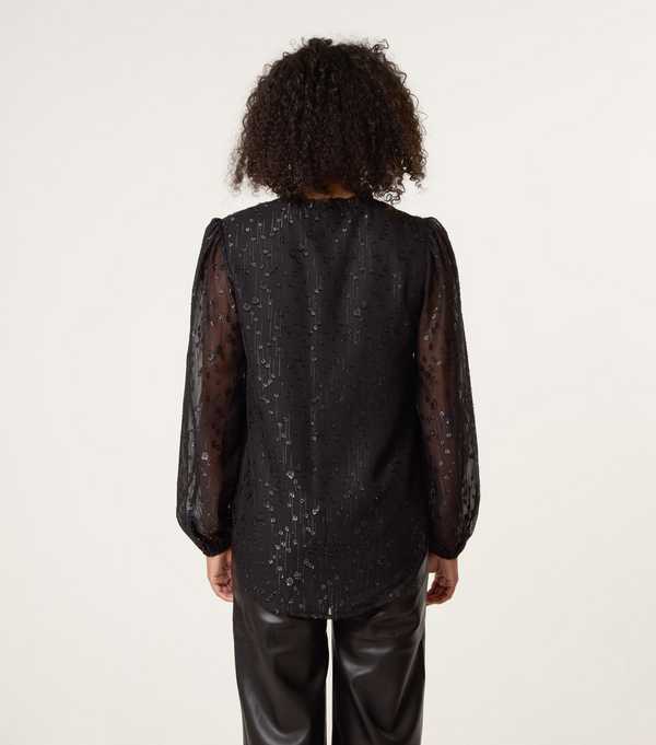 New Look Blue Vanilla Black Sheer Patterned Tie Neck Blouse