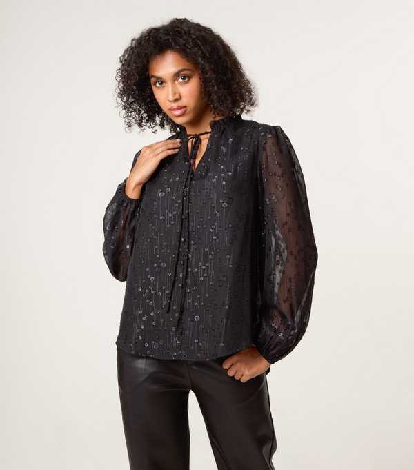 new look Blue Vanilla Black Sheer Patterned Tie Neck Blouse