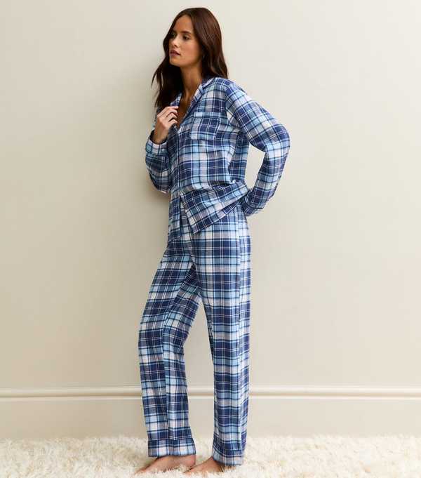 New Look Blue Woven Check Pattern Revere Collar Pyjama Set
