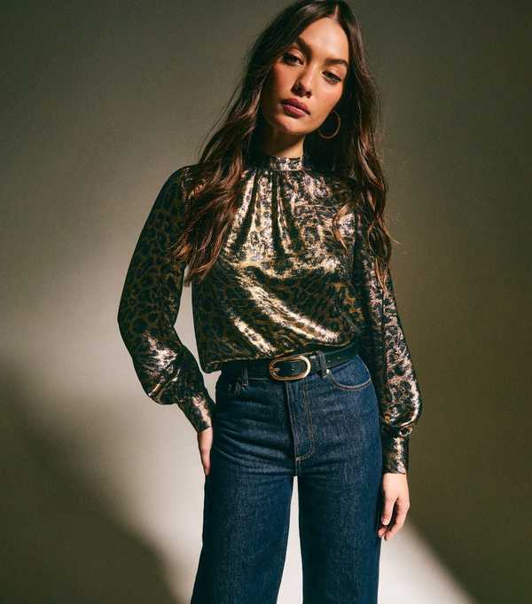 New Look Bronze Metallic Animal Print High Neck Blouse