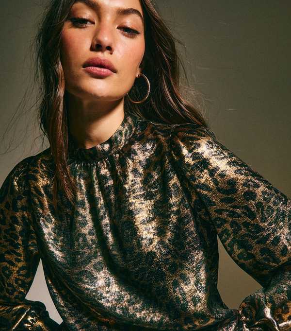 new look Bronze Metallic Animal Print High Neck Blouse