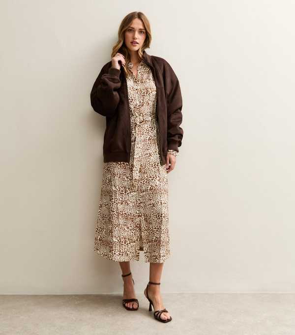 New Look Brown Animal Print Belted Midi Shirt Dress