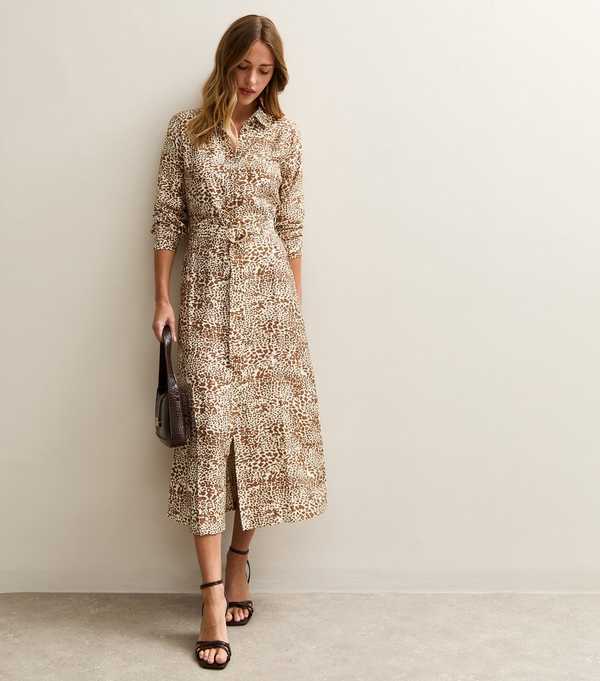 new look Brown Animal Print Belted Midi Shirt Dress