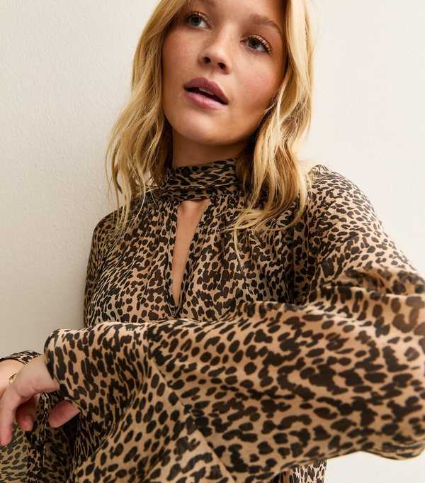 New Look Brown Animal Print High Neck Keyhole Blouse