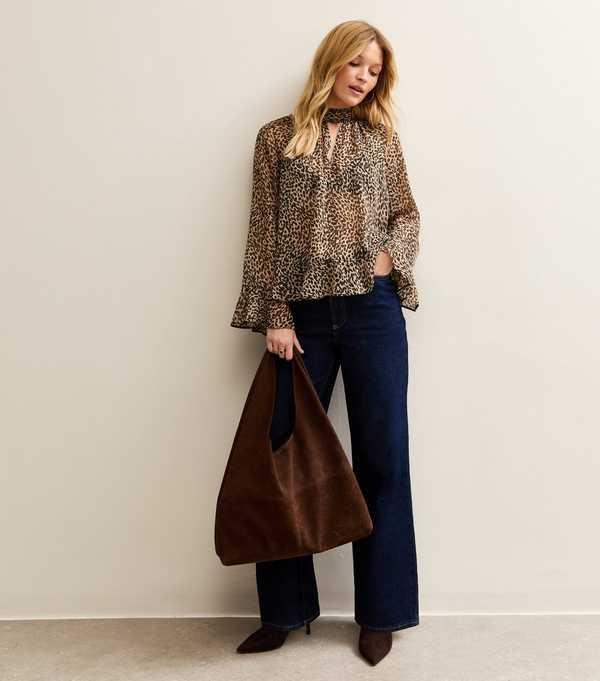 New Look Brown Animal Print High Neck Keyhole Blouse