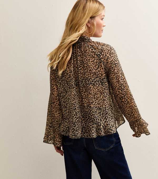 New Look Brown Animal Print High Neck Keyhole Blouse
